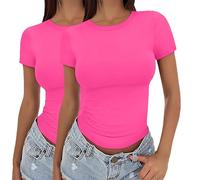 Going Out Tops,2 Pack Women's Short Sleeve T-Shirts Crew Neck Cropped Shirts for Women Casual Basic Fitted Stretchy Tee Tops Y2K Sexy Tights Summer Fall Comfort Aesthetic Streetwear Hot Pink