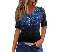 Going Out Tops For Women UK Off The Shoulder Blouses Elegant V Neck Graphic Print Henley Shirt Short Sleeve Shit Shirts (Blue, 3Xl)