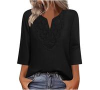 Going Out Tops for Women Womens 3/4 Sleeve Tops Boho Fashion V Neck Lace Loose Fit Solid Summer Shirts Casual Comfy Vacation Beach Travel Ladies Tunic Blouses Black XL