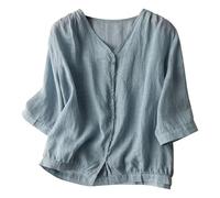 Going Out Tops Linen Top for Women UK Plus Size Lightweight 3/4 Sleeve Button Down V Neck Gauze Blouses Smart Casual Plain Work Office Business Tunic Shirts Blue