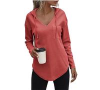 Going Out Tops Waffle Knit Pullover Tops Drawstring Hooded V Neck Solid Color Sweatshirt for Womens Fashion Comfy Irregular Hem Pocket Womens Tunic Tops Red XL