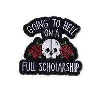 “Going to Hell on a Full Scholarship” Enamel Pin Badge - Funny Skull & Rose Lapel Pin | Dark Humor Novelty Gift | Gothic Metal Brooch for Jackets, Bags & Backpacks | Alternative Fashion Accessory