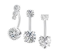 Gojewen 3pcs Long Belly Bars 12mm Surgical Steel 14G Silver Navel Button Rings Heart CZ Crystal Belly Piercing Jewellery