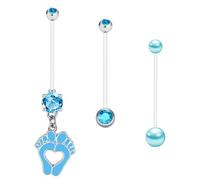 Gojewen 3pcs Pregnancy Belly Bars Maternity Navel Button Bars 38mm Flexible Acrylic Bioflex Piercing Retainers Blue Heart Dangle