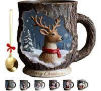 Gokame Christmas Themed Mugs Collection, 3D Cute Merry Christmas Ceramic Cup with Festive Design, Dishwasher and Microwave Safe, Unique Xmas Holiday Coffee Mug (Deer+Spoon)