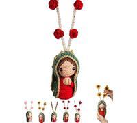 Gokame Cute Mary Statue Car Interior Decoration, Handmade Crochet Car Rearview Mirror Charm with Virgin Mary Statue, Mother MarysCar Charm Hanging Blessings Rosary Decor, Spiritual Blessing Gift (D)