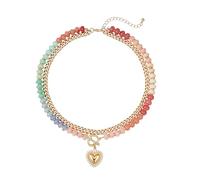 Gokame Layered Necklaces for Women, Colorful Acrylic Beaded Necklace For Women, Boho Double Layer Rainbow Beads Thick Cuban Chain Chunky Heart Pendant Statement Choker Summer Beach Jewelry Gift