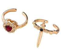 Gokame Vintage Adjustable Sword Piercing Heart Ring Set, Cross and Heart Ring, Gothic Dagger Heart Rings with Rhinestone, Unique Minimalist Style Open Couple Rings (C)