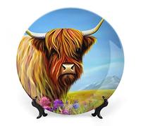 Gokays Decorative Plates, Watercolor Highland Cow Painting Ceramic Dinner Plate Home Wobble-Plate with Display Stand, Wall Hanging Decor for Living Dining Room Kitchen Household 15 CM