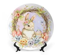 Gokays Easter Decorative Plates, Watercolor Bunny w/Flower Wreath & Eggs Ceramic Plate, Wobble-Plate with Display Stand, Home Decor for Living Room Dining Room, Wall Hanging Round Plate Sign 8"