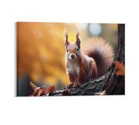 Gokays Fall Leaves Canvas Framed Wall Art, Squirrel on A Tree Branch Modern Posters Autumn Forest Wall Decoration for Office Nursery School, Thanksgiving Gifts for Family Friends, 28x43CM