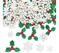 GOKEPO 100 Pieces Tiny Resin Snowflake Decorations with Holly Leaves, Berries, Glitter Snow Shaped Embellishments & Confetti for Christmas Tree, Home & Party Decor