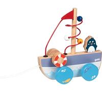 goki 54849 - AHOI Pull Ship with Wooden Motor Skills Bow, Pull-On Toy with Boat Motif, Educational Toy Including Cord, Baby Toy Promotes Coordination and Motor Skills, 17 cm x 7 cm x 19 cm, from 1