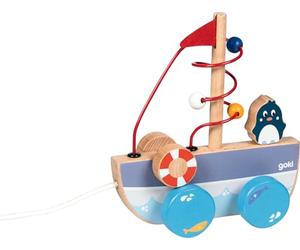 goki 54849 - AHOI Pull Ship with Wooden Motor Skills Bow, Pull-On Toy with Boat Motif, Educational Toy Including Cord, Baby Toy Promotes Coordination and Motor Skills, 17 cm x 7 cm x 19 cm, from 1