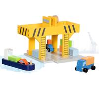 goki 55826 - Wooden Harbour Crane with Container, Cargo Ship and Vehicles, Bridge Crane/Container Crane with Crank and Magnetic Lifter, Container Port Toy Set
