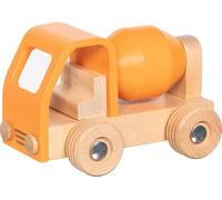 goki 55835 Concrete Mixer, Orange Wooden Sliding Vehicle with Rotating Drum, Robust Construction Site Toy Car for Children from 2 Years