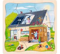 goki 57322 Layer Puzzle Wir Bauen Ein Haus, 3 Layers with Motifs of House Building Phases, Promotes Motor Skills and Problem Solving Ability for Children, 20 cm x 20 cm, Set of 35, from 3 Years