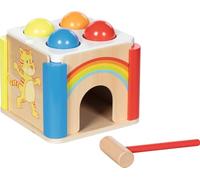 goki 58297 Rainbow Knock Box with Interchangeable Side Panels - Wooden Motor Skills Toy with Knock Bench, Hammer and 4 Balls