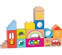 goki 58346 Explorer Building Blocks Made of Wood, Colourful Building Blocks with Different Shapes and Colours, as well as with Balls and Beads, Motor Skills Toy for Children, 18 x 18 cm, Set of 14,