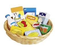 Goki Wooden Household Goods in Basket Shop Accessories Childrens Imaginative Toy