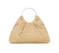 GOKTOW 2025 Chic Straw Round Clutch - Beaded Evening Bag with Metal Handle, Khaki