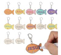 Goktvai 24pcs DIY Jesus Fish Keychains, Wooden Christian Faith Keychain Colorful Religious Keyring Craft Kit for Kids Sunday School Activities Bible School Art Project Party Supplies