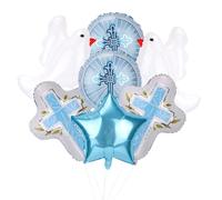 Goktvai 7pcs First Communion Decorations Balloons, Aluminum Foil Star Round Peace Dove and Cross Balloons Kit for God Christening Memorial Theme Party Birthday Baptism Decor