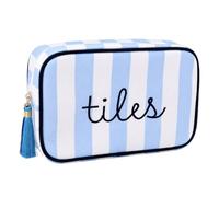 Goktvai Mahjong Tile Bag with Embroidered Letter & Tassel Zipper, Blue & White Striped Storage Case for 166 American Mahjong Tiles Board Game Pouch Accessory Mah Jong Lover Gift (Case Only)