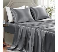 GOLAL Satin Sheets Full Size - 4 Pieces Luxury Silky Soft Bed Sheets, Wrinkle-Free Dark Grey Satin Silk Sheet Set with 1 Deep Pocket Fitted Sheet, 1 Flat Sheet, 2 Pillow Cases