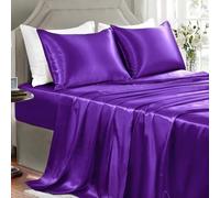 GOLAL Satin Sheets King Size - 4 Pieces Luxury Silky Soft Bed Sheets, Wrinkle-Free Dark Purple Satin Silk Sheet Set with 1 Deep Pocket Fitted Sheet, 1 Flat Sheet, 2 Pillow Cases