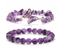 GolbalJew Amethyst Bracelet For Women Anxiety Amethyst Beaded Bracelets Butterfly Charms Healing Stone Layered Bracelet Gifts For Women, 7.5 inches, Stone, no gemstone