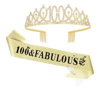 Gold 100th Birthday Sash and Tiara for Women, 100th Birthday Party Decorations, 100 and Fabulous Sash and Tiara Set, 100th Birthday Decorations for Women, Happy 100th Birthday Party Supplies