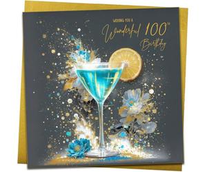 Gold 100th Happy Birthday Card | Turquoise Cocktail Design | With Metallic Gold Envelope