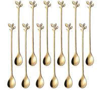 (Gold) 12 Pcs Long Handle Ice Cream Scoops, 18cm Creative Black Leaf Ice Cream Scoops, Food Grade Stainless Steel, Mirror Effect