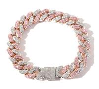 Gold 12mm Cuban Link Chain Bracelet with Pink & White Moissanite, Statement Jewelry for Men, Gift for Him
