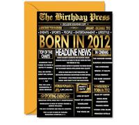 Gold 13th Birthday Card for Boys Girls - Black & Golden Newspaper Born in 2012 - Happy 13 Birthday Cards for Sister Niece Nephew Cousin Son Granddaughter, A5 Bday Greeting Cards