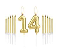 Gold 14th Birthday Candles - Number 14 Cake Topper for Women, Men & Parties