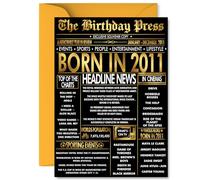 Gold 14th Birthday Card for Boys Girls - Black & Golden Newspaper Born in 2011 - Happy 14 Birthday Cards for Son Niece Daughter Sister Cousin Granddaughter, A5 Bday Greeting Cards