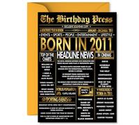 Gold 14th Birthday Card for Boys Girls - Black & Golden Newspaper Born in 2011 - Happy 14 Birthday Cards for Son Granddaughter Cousin Daughter Sister Niece, 5x7 Inch Bday Greeting Cards