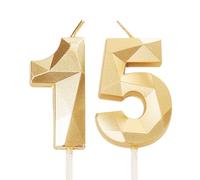 Gold 15th Birthday Candles Number for Cake - Birthday Cake Toppers Decorations for 15 Year Old Girls Boys