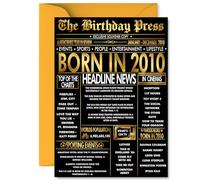 Gold 15th Birthday Card for Boys Girls - Black & Golden Newspaper Born in 2010 - Happy 15 Birthday Cards for Niece Daughter Sister Cousin Granddaughter Brother, A5 Bday Greeting Cards