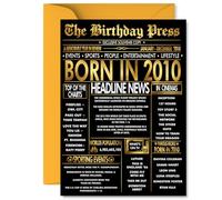 Gold 15th Birthday Card for Boys Girls - Black & Golden Newspaper Born in 2010 - Happy 15 Birthday Cards for Granddaughter Cousin Daughter Sister Niece Nephew, 5x7 Inch Bday Greeting Cards