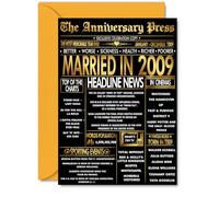 Gold 16th Anniversary Card for Men Women - Golden Newspaper Married in 2009 - Happy 16 Year Wedding Anniversary Card for Husband Partner Wife Companion, A5 Anniversaries Greeting Cards