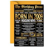 Gold 16th Birthday Card for Boys Girls - Black & Golden Newspaper Born in 2009 - Happy 16 Birthday Cards for Daughter Sister Cousin Granddaughter Brother Nephew, A5 Bday Greeting Cards