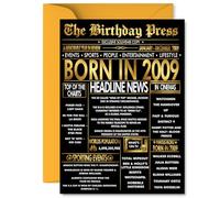 Gold 16th Birthday Card for Boys Girls - Black & Golden Newspaper Born in 2009 - Happy 16 Birthday Cards for Cousin Daughter Sister Niece Nephew Grandson, 5x7 Inch Bday Greeting Cards