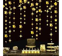Gold 16th Birthday Decorations Number 16 Circle Dot Twinkle Star Garland Metallic Streamer Banner Backdrop for Girls Boys Happy 16th Birthday Sweet Sixteen Anniversary Cheers to 16 Years Party Decor