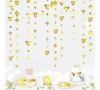 Gold 17th Birthday Decorations Number 17 Circle Dot Star Garland Streamer Bunting Banner Backdrop for Girls Boys Seventeen Years Old Bday Cheers to 17 Years Happy 17th Anniversary Party Supplies