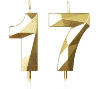 Gold 17th Birthday Decorations with 3D Multi-Faceted Diamond-Like Design, 17th Birthday Cake Topper for Boys Girls Adults Party Decorations, Number Candles for Wedding Anniversary Cake Decoration