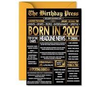 Gold 18th Birthday Card for Men Women - Black & Golden Newspaper Born in 2007 - Happy 18 Birthday Cards for Brother Colleague Grandson Son Friend Granddaughter, 5x7 Inch Bday Greeting Cards