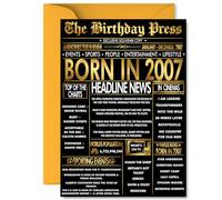 Gold 18th Birthday Card for Men Women - Black & Golden Newspaper Born in 2007 - Happy 18 Birthday Cards for Son Colleague Daughter Uncle Sister Grandson, A5 Bday Greeting Cards